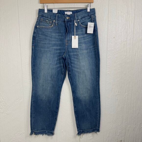 Good American Mid Rise Mom Jeans Sz 4 or 27 Casual Raw Hem Indiago 114 Cropped - Picture 11 of 11